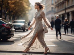 Женщина в длинном платье с прозрачными вставками