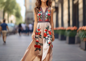 Летнее длинное платье с цветочной вышивкой