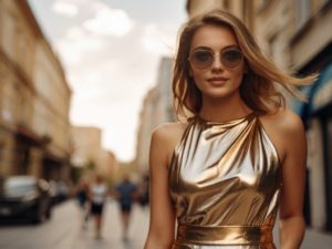 Женщина в золотистом платье металлик